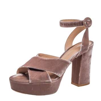 Pre Owned Gianvito Rossi Beige Velvet Roxy Platform Ankle Strap Sandals Size 39