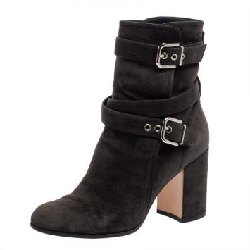 Pre Owned Gianvito Rossi Dark Grey Suede Buckle Detail Ankle Boots Szie 36.5