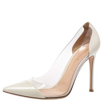 Pre Owned Gianvito Rossi White Patent Leather And PVC Plexi Pointed Toe Pumps Size 40