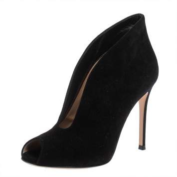 Pre Owned Gianvito Rossi Black Suede Vamp Peep Toe Booties Size 38