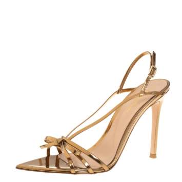 Pre Owned Gianvito Rossi Gold Patent Leather Bow Slingback Sandals Size 38.5