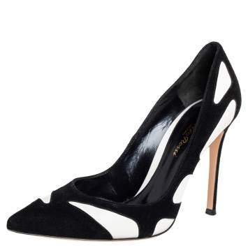 Pre Owned Gianvito Rossi Monochrome Suede And Leather Cutout Pointed Toe Pumps Size 37.5