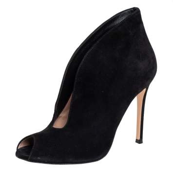 Pre Owned Gianvito Rossi Black Suede V Neck Peep Toe Booties Size 36