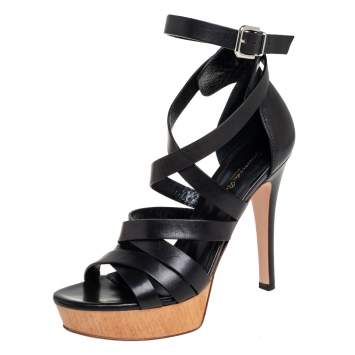 Pre Owned Gianvito Rossi Black Leather Strappy Platform Ankle Strap Sandals Size 37