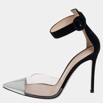 Pre Owned Gianvito Rossi Black/Silver Suede And PVC Ankle Strap Sandals Size 39