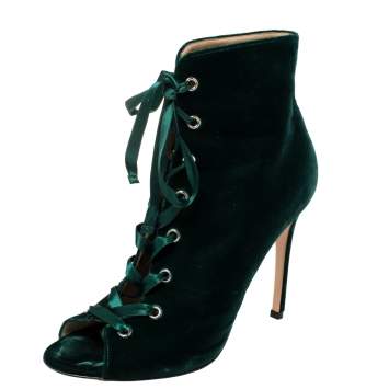 Pre Owned Gianvito Rossi Green Velvet Marie Lace Up Ankle Booties Size 39.5