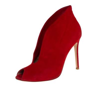 Pre Owned Gianvito Rossi Red Suede Vamp Peep Toe Booties Size 38