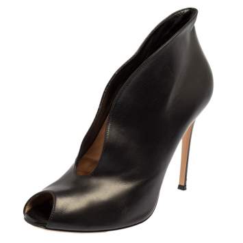 Pre Owned Gianvito Rossi Black Leather Vamp Peep Toe Slip On Booties Size 41