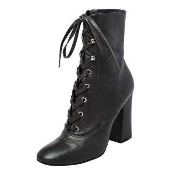 Pre Owned Gianvito Rossi Grey Leather Block Heel Ankle Boots Size 37.5