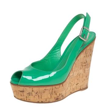 Pre Owned Gianvito Rossi Green Patent Leather Cork Wedge Platform Slingback Sandals Size 37