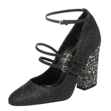 Pre Owned Sergio Rossi Black Glitter Betty Mary Jane Pumps Size 36