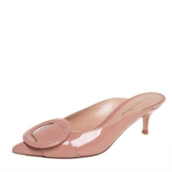 Pre Owned Gianvito Rossi Beige Patent Leather Ruby Mules Size 36.5