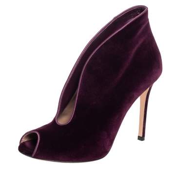 Pre Owned Gianvito Rossi Purple Velvet Vamp Peep Toe Booties Size 37.5