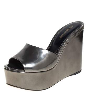 Pre Owned Gianvito Rossi Olive Green Patent Leather Wedge Platform Sandals Size 37