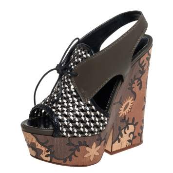 Pre Owned Sergio Rossi Multicolor Woven Leather and Leather Wedge Lace Up Sandals Size 37