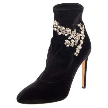 Pre Owned Giuseppe Zanotti Black Velvet Crystal Embellished Ankle Boots Size 41