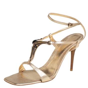 Pre Owned Gianvito Rossi Gold Leather Ankle Strap Sandals Size 39.5