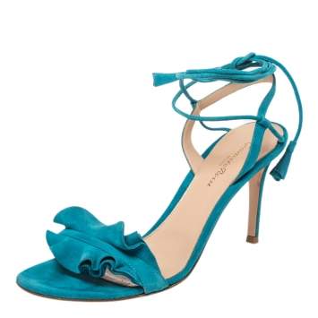 Pre Owned Gianvito Rossi Blue Suede Ruffled Ankle Wrap Sandals 40.5