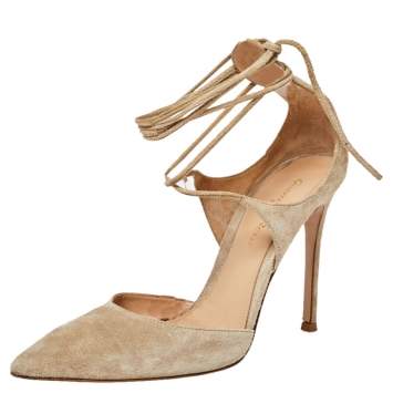 Pre Owned Gianvito Rossi Beige Suede Ankle Wrap Sandals Size 37.5