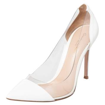 Pre Owned Gianvito Rossi White Patent Leather And PVC Plexi Pointed Toe Pumps Size 38