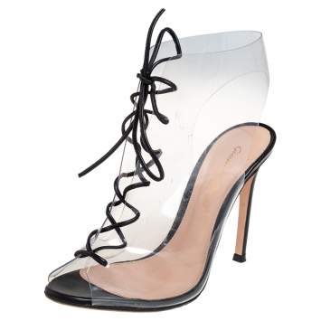 Pre Owned Gianvito Rossi Black PVC And Leather Helmut Lace Up Booties Size 36.5