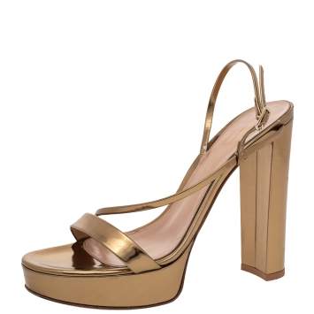 Pre Owned Gianvito Rossi Metallic Gold Leather Platform Ankle Strap Sandals Size 37