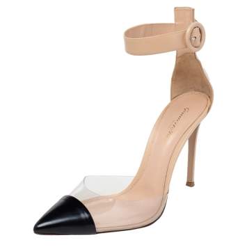 Pre Owned Gianvito Rossi Black/Beige Leather And PVC Pointed Toe Ankle Cuff Pumps Size 39.5
