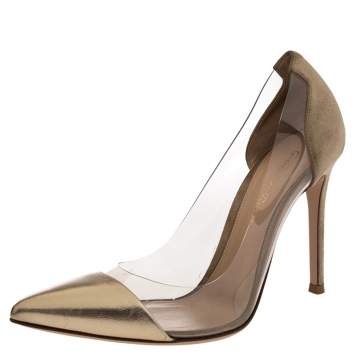 Pre Owned Gianvito Rossi Gold/Beige Suede, Leather And PVC Plexi Pointed Toe Pumps Size 36