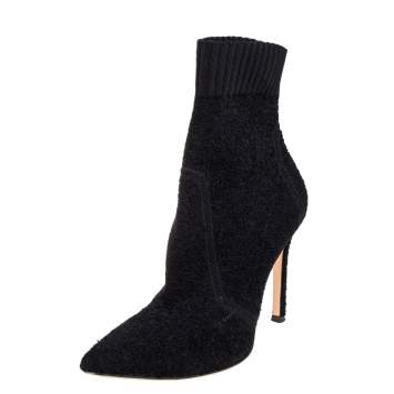Pre Owned Gianvito Rossi Black Stretch  Fabric Bouclé Katie Ankle Boots Size 37.5