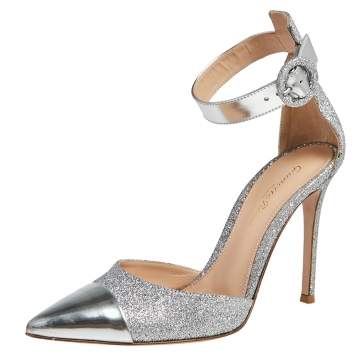 Pre Owned Gianvito Rossi Silver Leather And Glitter Ankle Strap Sandals Size 37.5