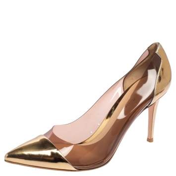 Pre Owned Gianvito Rossi  Gold  Leather And PVC Plexi  Pumps Size 40.5