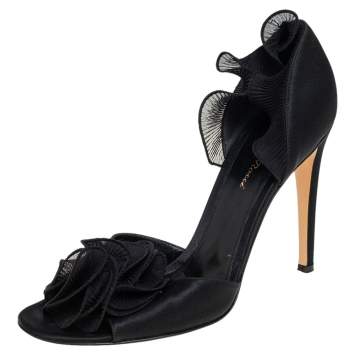 Pre Owned Gianvito Rossi Black Satin And Lace Rose Peep Toe Sandals Size 39.5