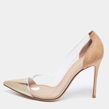 Pre Owned Gianvito Rossi Metallic Gold Suede and PVC Plexi Pumps Size 40