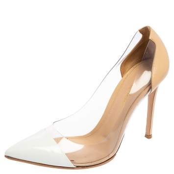 Pre Owned Gianvito Rossi White/Beige Patent Leather And PVC Plexi  Pumps Size 38.5