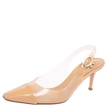 Pre Owned Gianvito Rossi Beige PVC And Patent Leather Slingback Sandals Size 40.5