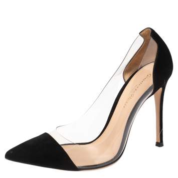 Pre Owned Gianvito Rossi Black Suede And PVC Plexi Pointed Toe Pumps Size 37