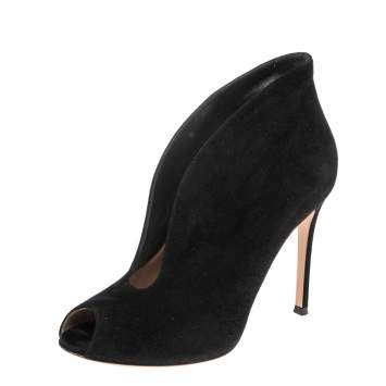 Pre Owned Gianvito Rossi Black Suede Vamp Peep Toe Booties Size 38