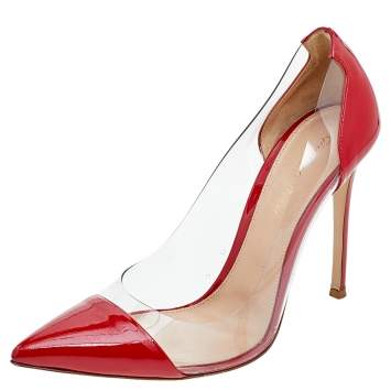 Pre Owned Gianvito Rossi Red Patent Leather And PVC Plexi Pointed Toe Pumps Size 40