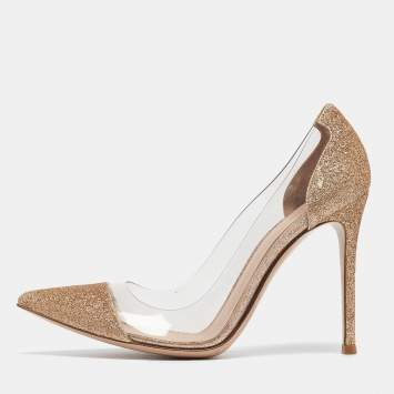 Pre Owned Gianvito Rossi Gold Glitters And PVC Plexi Pointed Toe Pumps Size 37.5
