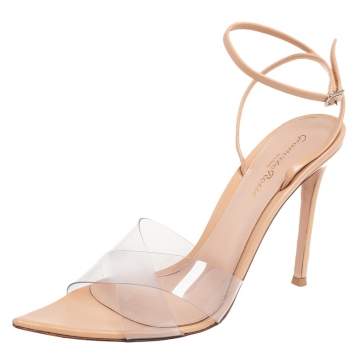 Pre Owned Gianvito Rossi Beige Leather And PVC Plexi Stark Ankle Strap Sandals Size 39.5