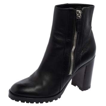 Pre Owned Gianvito Rossi Black Leather Round Toe Block Heel Ankle Boots Size 40