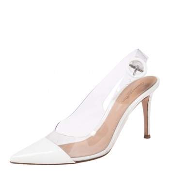 Pre Owned Gianvito Rossi White Patent Leather And PVC Slingback Sandals Size 38