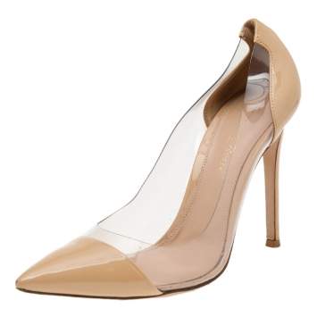 Pre Owned Gianvito Rossi Beige Patent Leather And PVC Plexi Pointed Toe Pumps Size 38