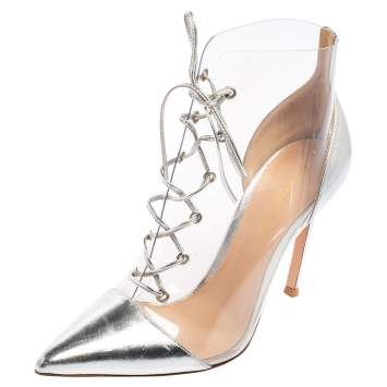Pre Owned Gianvito Rossi Transparent PVC and Silver Leather Plexi Lace-up Ankle Boots Size 36.5 