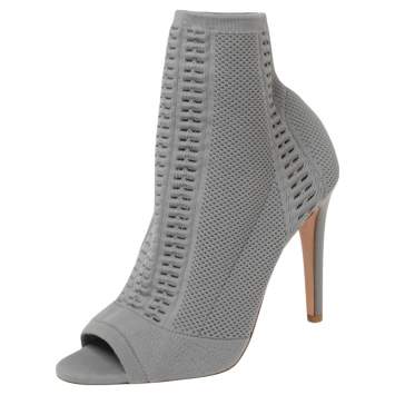 Pre Owned Gianvito Rossi Grey Knit Fabric Open-Toe Ankle Boots Size 38.5