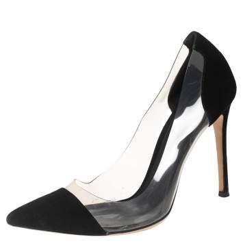 Pre Owned Gianvito Rossi Black  PVC And Suede Plexi Pointed Toe Pumps Size 38.5