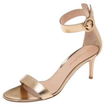 Pre Owned Gianvito Rossi Metallic Gold Leather Portofino Ankle Strap Sandals Size 38