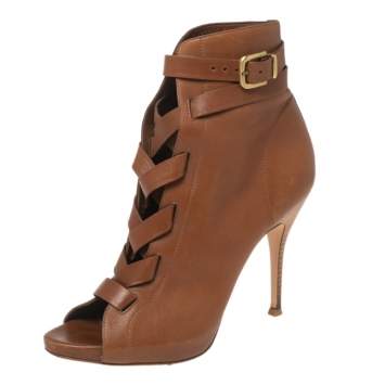 Pre Owned Gianvito Rossi Brown Leather Buckle Lace-Up Ankle Booties Size 38.5