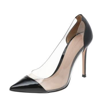 Pre Owned Gianvito Rossi Black Patent Leather And PVC Plexi Pointed Toe Pumps Size 37.5