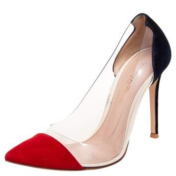 Pre Owned Gianvito Rossi Red/Navy Blue Suede and PVC Plexi Pumps Size 36